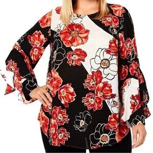 Alfani Black Red Floral Print Blouse Women’s 3X Long Sleeve Split Cuff Top